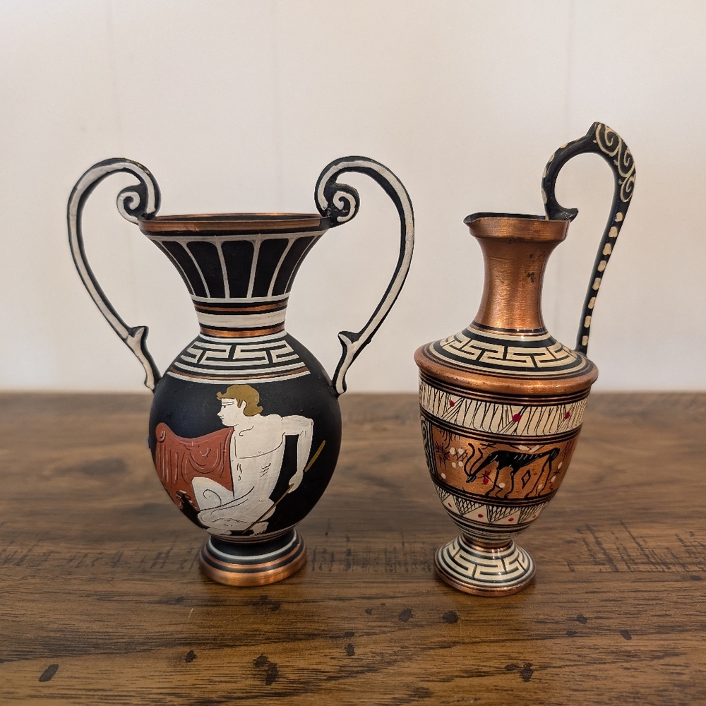 VTG Hand Painted Signed Greece Copper Pitcher And Vase Greek God Mythology Horse